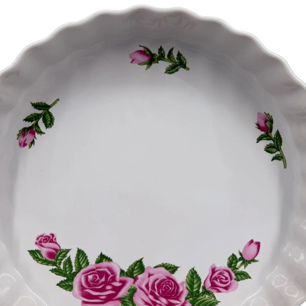 Christineholm Porcelain Quiche Tart Pan Pink Rose Floral Fluted 9 Inch Cottage